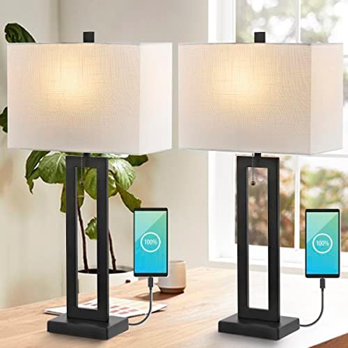 JONATHAN Y Sabrina 28.5" Metal USB Industrial Lamp, Black, Set of 2