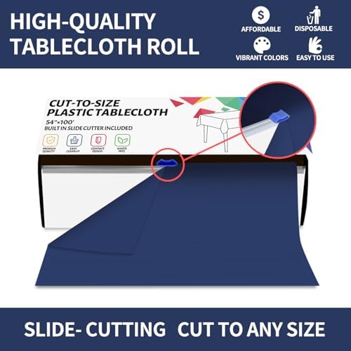 CXPSINC 54 Inch X 100 Feet Plastic Table Cover Roll Disposable Tablecloth with Slide Cutter for All Type/Shape Tables | Party, Banquet, Birthdays, Weddings(Navy Blue, 100 Feet)