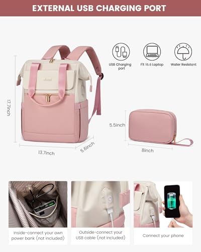 LOVEVOOK Laptop Backpack for Women, 15.6 Inch Work Laptop Bag with USB Port, Fashion Teacher Nurse Backpack Purse, Waterproof Travel Computer Backpack with Organizer Bag, 2PCS, Beige-Pink