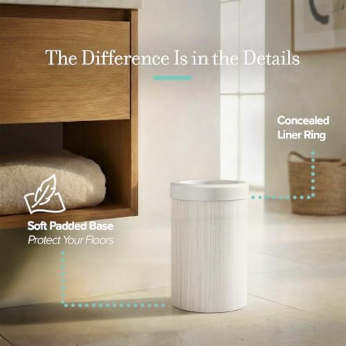 Gatco Small Bathroom Trash Can with Lid, Round 3 Gallon Wastebasket, Under Sink, White Oak with Matte White, for Bathroom, Bedroom, Office (1932W)