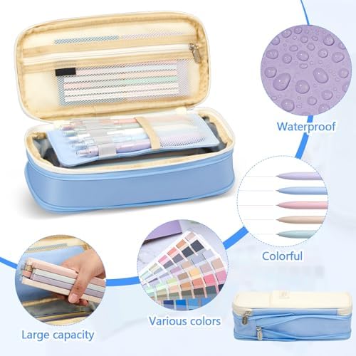 135 Pcs Book Annotation Kit with Pencil Case, 12 Pastel Highlighters, 11 Gel Pens, Fine Marker, 300 Transparent Sticky Notes, 2640 Index Tabs, Bible Study Supplies Kit(Classic,Light Blue)