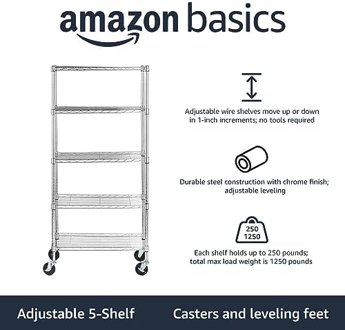 Amazon Basics 5-Shelf Adjustable, Heavy Duty Storage Shelving Unit on 4" Wheel Casters, Easy to Move Portable Wire Shelving, No Tools Needed for Easy Assembly, 30" x 14" x 64.8", Chrome