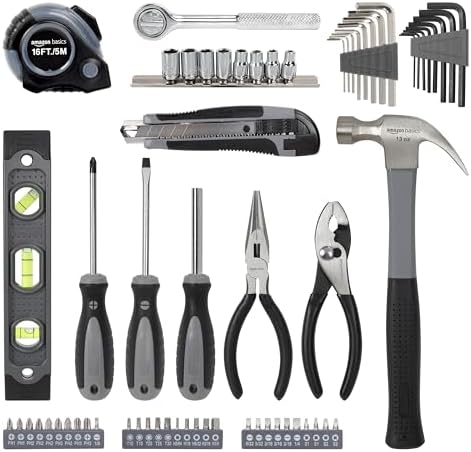 Amazon Basics 65 Piece Home Repair Tool Kit Set With Carrying Bag, Hand Tools, Socket Set, SAE and Metric, Silver, Black