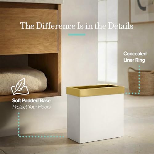 Gatco Modern Rectangle Wastebasket, Matte Pearl and Brushed Brass Combo - Stainless Steel Trash Can with Removable Lid, Leakproof, 3 Gallon Capacity for Bathroom, Bedroom, Kitchen, or Office