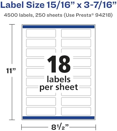 Avery® Matte White Rectangle Labels, Sure Feed® Technology, 15/16" x 3-7/16", 4,500 Matte White Printable Labels