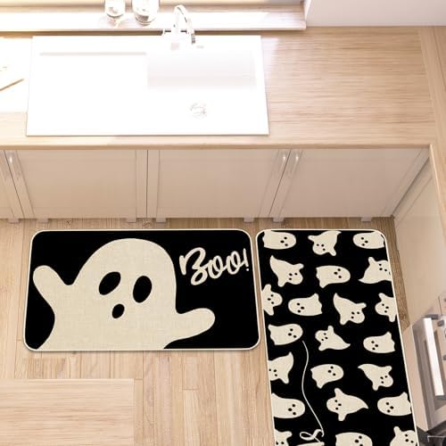 JarThenaAMCS Halloween Ghost Kitchen Mat Set of 2 Black Spooky Ghost Boo Kitchen Floor Mats Cute Non-Slip Door Rugs for Halloween Party Home Bathroom Entrance