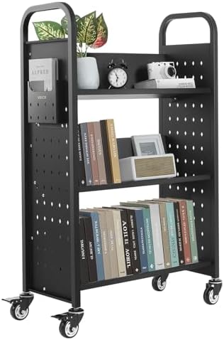 VEVOR Rolling Library Book Cart, 330 lbs Capacity, 30.3 x 15 x 48.0-Inch Library Cart, Single Sided V-Shaped Shelves with 3-Inch Lockable Wheels, Book Truck for Home Shelves Office and School, Black