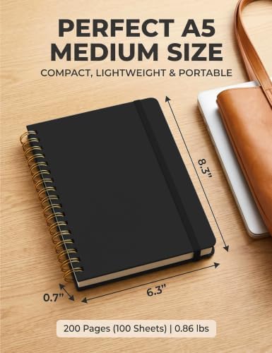 5 Pack Hardcover Spiral Notebooks, 8.3" x 6.3" Lined Journal Set, 100 GSM Bleed-Resistant Paper, 200 Pages Twin-Wire Bound Notebook with Elastic Band & Category Stickers for Office, School