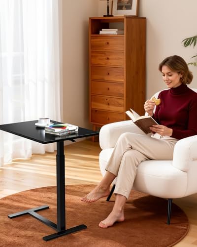 Overbed Bedside Table with Hidden Casters, Adjustable Pneumatic Mobile Laptop Computer Standing Desk, Rolling Laptop Table, Movable Overbed Table Hospital Home Use, Black