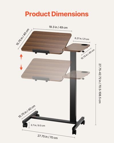 VEVOR Overbed Table, Mobile Hospital Bed Table, Over Bed Table with Wheels Adjustable Height, Rolling Laptop Desk with Tilting Top & Cup Holder, Portable Over Bed Desk for Home, Office, Study, Wood