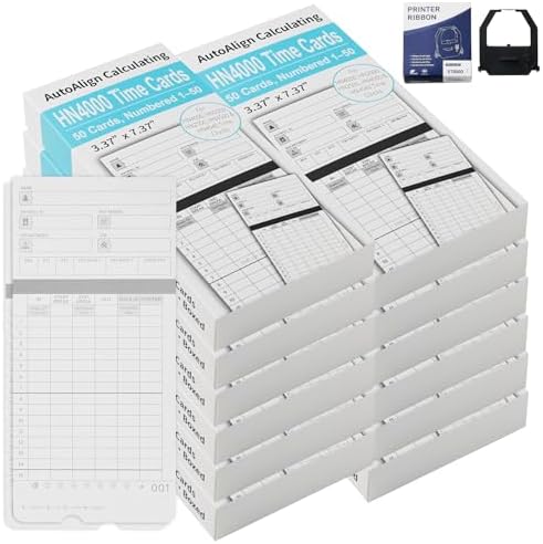 600 Time Cards Includes 2 Replacement Ink Ribbons for HN4000 Employee Time Clocks – Compatible with uPunch HN4000,HN2000, HN2500, HN4500 – Pre-Punched, Cards Numbered 1–50,