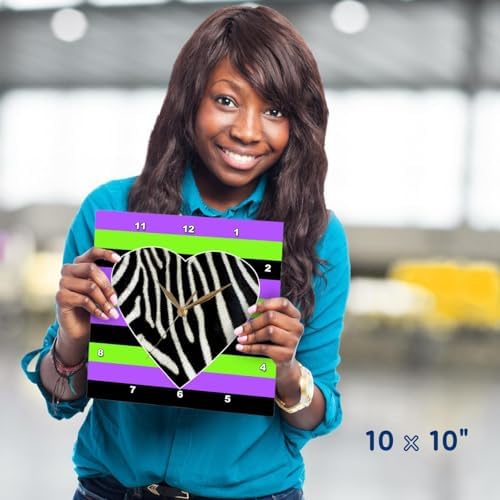 3dRose Wall Clock Silent - 10 inch - Punk Rockabilly Zebra Heart Purple Green Black Print - Designs Prints and Patterns
