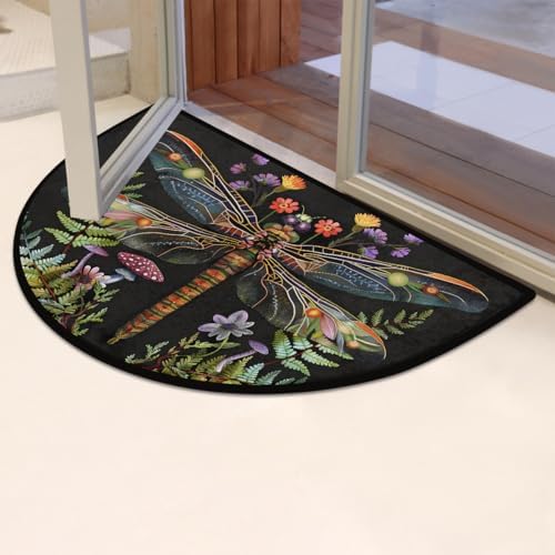 Dragonfly Mushroom Flower Half Round Door Mat Non Slip Washable Semi Circle Area Rug Absorbent Soft Half Moon Rug Floor Mat for Indoor Outdoor Kitchen Bathroom Patio Front Door Mat Decor