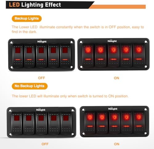 Nilight 5 Gang Rocker Switch Panel SPST On Off 5PIN Electrical Toggle Red