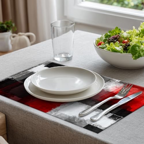 Batmerry Abstract Art Colorful Painting Linen Placemats Set of 8, Modern Art Black and Red Washable Table Mats for Kitchen Table Thickened Heat Insulation Dining Set Indoor Outdoor 12X18 in