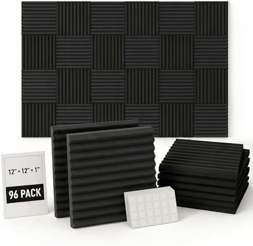 96 Pack Allxinlog Absorb the echo Acoustic Foam Panel Wedge Studio Soundproofing Wall Tiles 12" X 12" X 1"(Accompanied By Double-Sided Adhesive Tape) (96-BLACK)