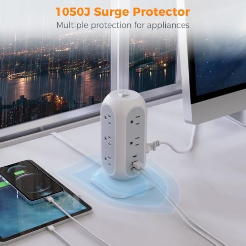 TESSAN Tower Power Strip Flat Plug with 1050J Surge Protection, 10 Ft, Grey