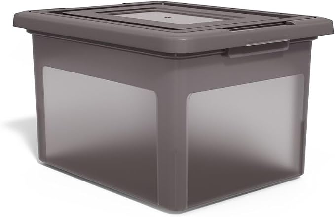 Staples Plastic File Box with Snap Lid, Letter/Legal, Frost Gray, 2-Pk | Stackable storage box keeps hanging files organized and protected.
