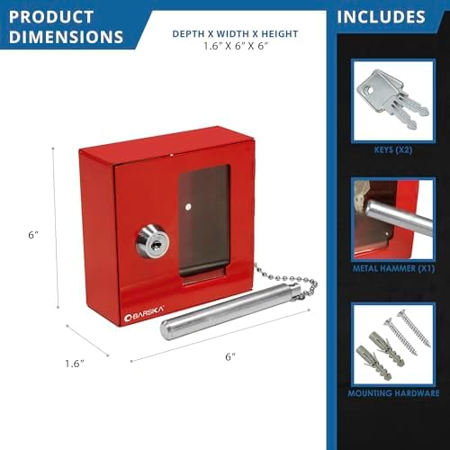 Barska Red Key Lock Breakable Glass Window Alarm Emergency Key Storage Lock Box with Attached Hammer for Home and Business