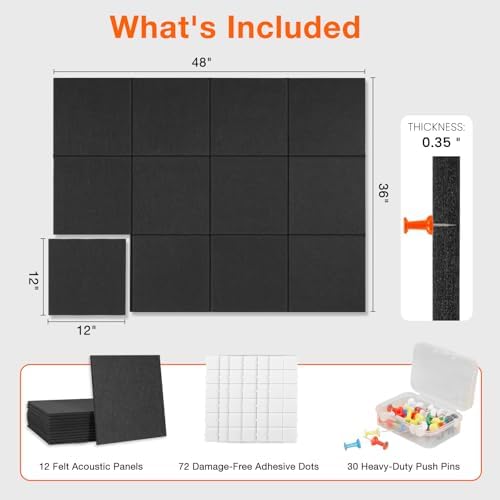 Large Cork Boards for Walls 48" x 36",12 Pack Bulletin Boards Alternative Cork Board for Office,Black Felt Wall Tiles, Contains Removable Security Stickers and PushPins