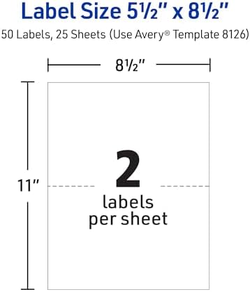 Avery Half-Sheet Printable Shipping Labels, 5.5" x 8.5" Customizable Stickers, White, 50 Blank Mailing Labels, Great for Mailing, Shipping, Organizing, and More (8126)