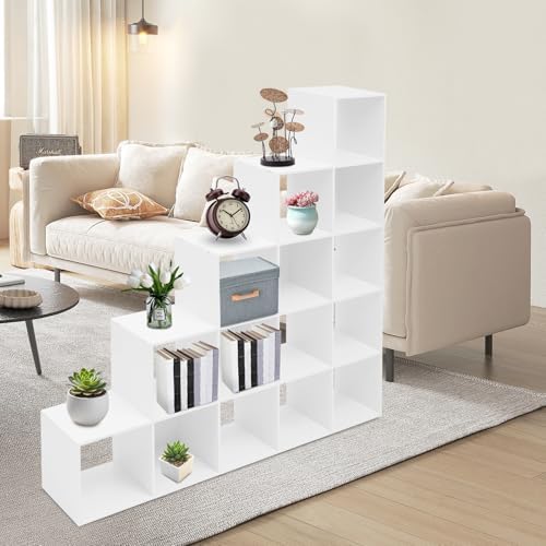 5-Tier Stepped Bookshelf, 15 Cube Storage Organizer, Freestanding Ladder Bookcase, L-Shaped Corner Shelf, Room Divider Shelf, 57.5" Tall Modern Display Shelf for Home Office Living Room