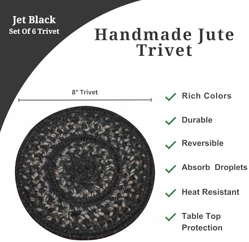 Homespice Jet Black Braided Trivets Ideal as Pot Holders, Round 8" Set of 6