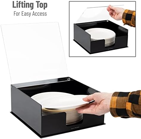 Mind Reader Paper Plate Holder, Covered Dispenser, Dinner Party Essentials, Plate Caddy, Acrylic, 11" L x 11" W x 5" H, Black (Pack of 2)