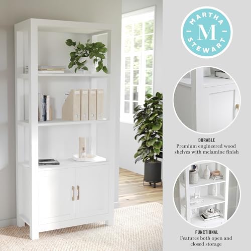 Martha Stewart Hutton 4-Tier Shaker Style Bookcase with Cabinet, White