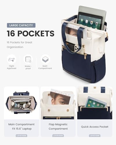 LOVEVOOK Laptop Backpack for Women, 15.6 Inch Work Laptop Bag with USB Port, Fashion Teacher Nurse Backpack Purse, Waterproof Travel Computer Backpack with Organizer Bag, 2PCS,Beige - Navy