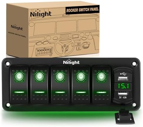 Nilight 5 Gang Rocker Switch Panel with Dual USB Socket Voltmeter