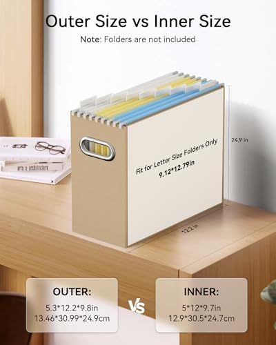 Oterri Portable Collapsible Cardboard File Box with Handle for Letter-Size | 4-Pack. Stainless Steel Handle. Label Stickers Included. Fits Letter Folders (Not Included). Home, Office, School, Dorm, Tax.