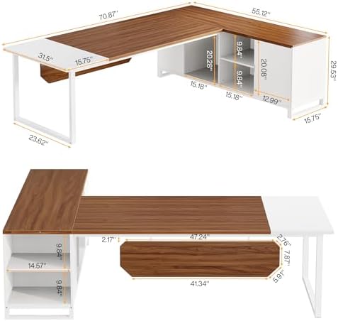 Tribesigns 70.8" L-Shaped Executive Desk with 55" File Cabinet, Large Home Office Computer Desk with Storage Shelves and Cabinet, Modern Business Furniture Set Home Office, Walnut White