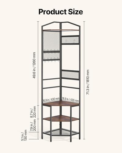 VEVOR Corner Hall Tree, 71.3 in Coat Rack with Hooks, Top Shelf & Steel Frame, Freestanding Clothes Shoes Rack Storage Organizer with Anti-Tip Set, Adjustable Non-Slip Feet for Entrance Closet Office