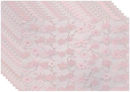 Batmerry Seamless Pink Cherry Blossoms Linen Placemats Set of 8, Vintage Floral On Light Pink Washable Table Mats for Kitchen Table Thickened Heat Insulation Dining Set Indoor Outdoor 12X18 in