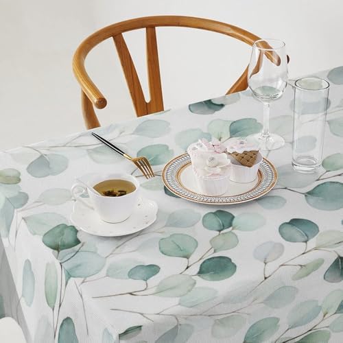 Eucalyptus Leaf Tablecloth, Spring Botanical Sage Green Watercolor Floral Plant Branches Print Table Cloth for Home Kitchen Dining Outdoor Patio Wedding Decor 60x110in