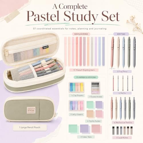 27 Pcs Aesthetic School Supplies Include 12 Pcs Aesthetic Highlighters Bible 1 Ppcs Big apacity Pen Case Bag 5 Pcs Retractable Quick Dry Gel Ink Pens 9 Pads Clear Sticky Tabs for School Office Home