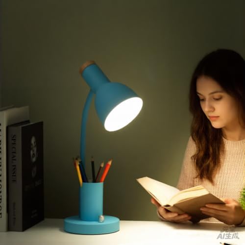 Desk Lamp with Pen Holder, Green, Wood Accent, Adjustable Gooseneck, Modern Study Light (Blue)