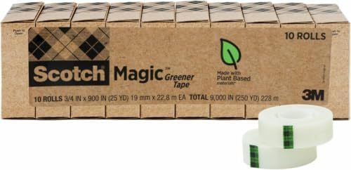 Scotch Magic Greener Tape, 10 Rolls, Numerous Applications, Invisible, Engineered for Repairing, 3/4 x 900 Inches, Boxed (Pack of 12)
