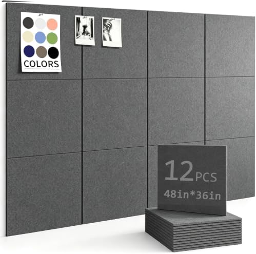 48" x 36" Cork Board Alternative, 12 Pack Felt Bulletin Board Tiles with 30 Adhesive Tabs Wall Push Pin Board for Office Classroom Bedroom Decor