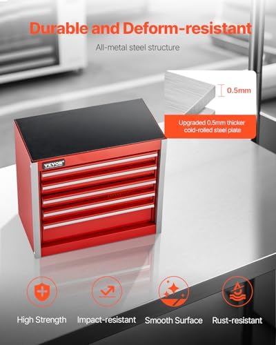 VEVOR Metal Tool Box, 8.6-inch, Portable Metal Tool Box with 5 Drawers, Small Tool Chest with EVA Liners and PP Feet Pads, Heavy-Duty Steel With Ball Bearing Opening and Powder Coated Finish, Red