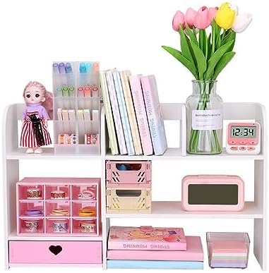 Cute Bookshelves Cute Bookshelf for Desk Kawaii Desk Organizer with Drawer Office Desk Organizers and Accessories Storage Home Decor Display (Pink)