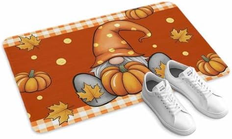Fall Door Mat Pumpkin Gnome Doormat Maple Leaf Orange Buffalo Plaid Harvest Thanksgiving Welcome Mat Non Slip Rubber Entryway Front Rug Floor Mat for Indoor Outdoor Kitchen Autumn Holiday Decor 18x30