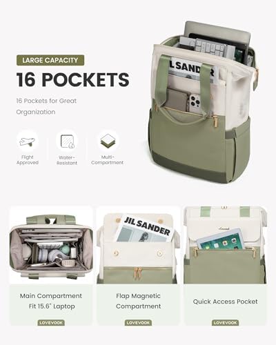 LOVEVOOK Laptop Backpack for Women, 15.6 Inch Work Laptop Bag with USB Port, Fashion Teacher Nurse Backpack Purse, Waterproof Travel Computer Backpack with Organizer Bag, 2PCS, Beige-Bean Green