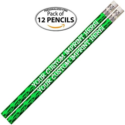 Personalized Custom Pencils - Round - Glitz & Glitter Foil - Full Color Print w/your name, message, text or logo - Express ** FREE PERSONALIZATION ** Great gift ideas - 12/Set (GREEN PRISM)