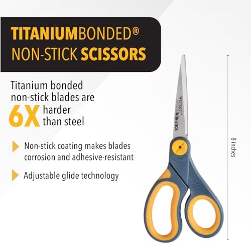 Westcott 8-Inch Non-Stick Titanium Scissors For Office and Home - Glide Adjust Technology - Grey/Yellow Craft, Fabric Scissors - 1 Pack