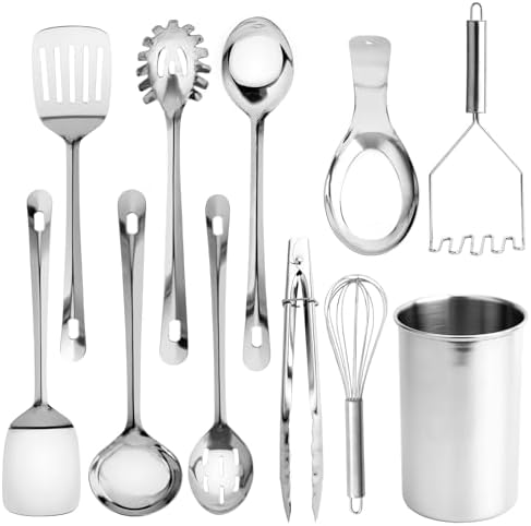 COOK WITH COLOR Kitchen Utensil Set - premium Nonstick & Heat Resistant Kitchen Gadgets, Turner, Spaghetti Server, Serving Spoons, Whisk, Tongs, Masher & Utensil Holder, 10-piece Stainless Steel