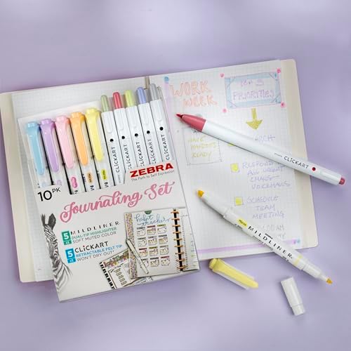 Zebra Pen Journaling Set, MILDLINER & CLiCKART, Assorted Colors, 10-Pack