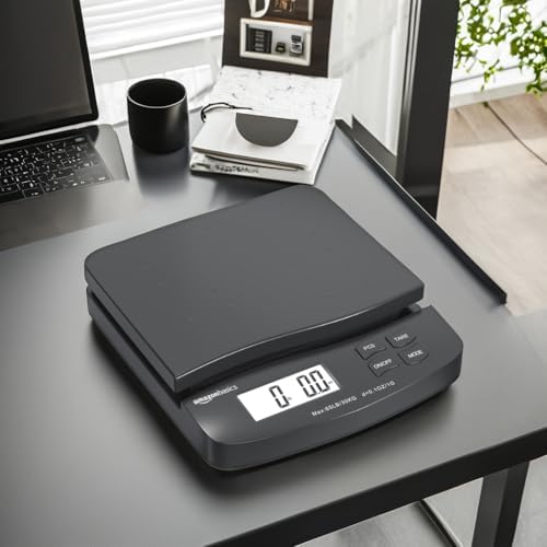 Amazon Basics Digital Postal Shipping Scale with Tare Function, AC Adapter, 65 lb Capacity, 0.1 oz Readability, LCD Display, Black