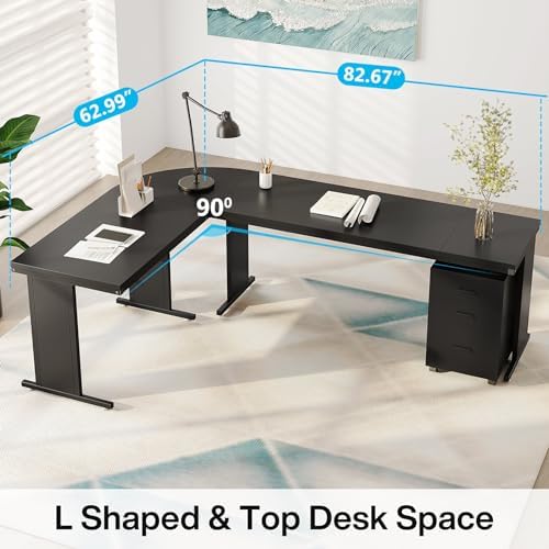 Tribesigns L-Shaped Executive Desk, Large Office Desk with 3-Drawer File Cabinet, Industrial Corner Computer Table with Drawers, Business Workstation for Home Office (Black, 83")